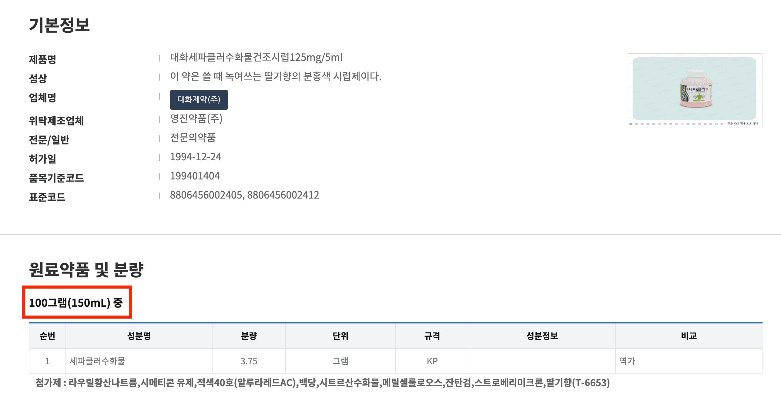 원료약품 및 분량