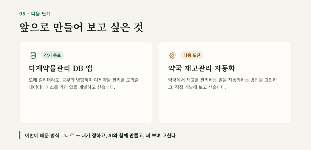 다음 단계 — 다제약물관리 DB 앱과 약국 재고관리 자동화